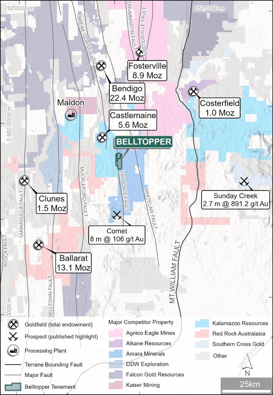 Belltopper Gold Project location map with regional gold occurrences and major structure.
