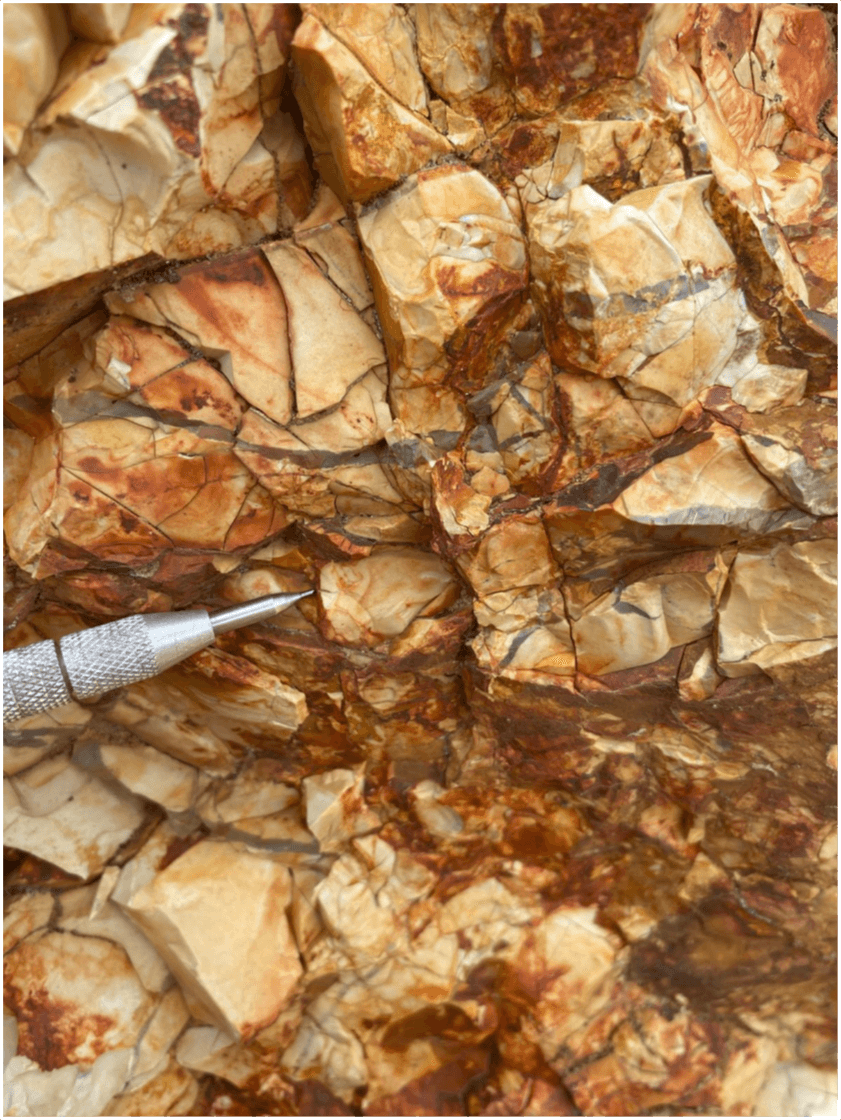 Chalcedonic silica replacement cut by quartz hairline veinlets