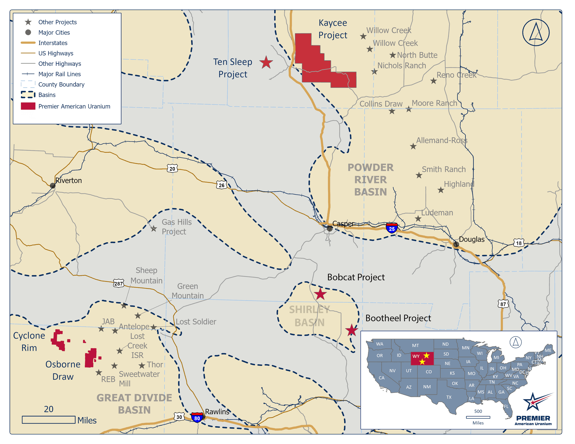 PUR's Wyoming exploration portfolio, highlighting the Kaycee Project in the Powder River Basin and the Cyclone Project in the Great Divide Basin.