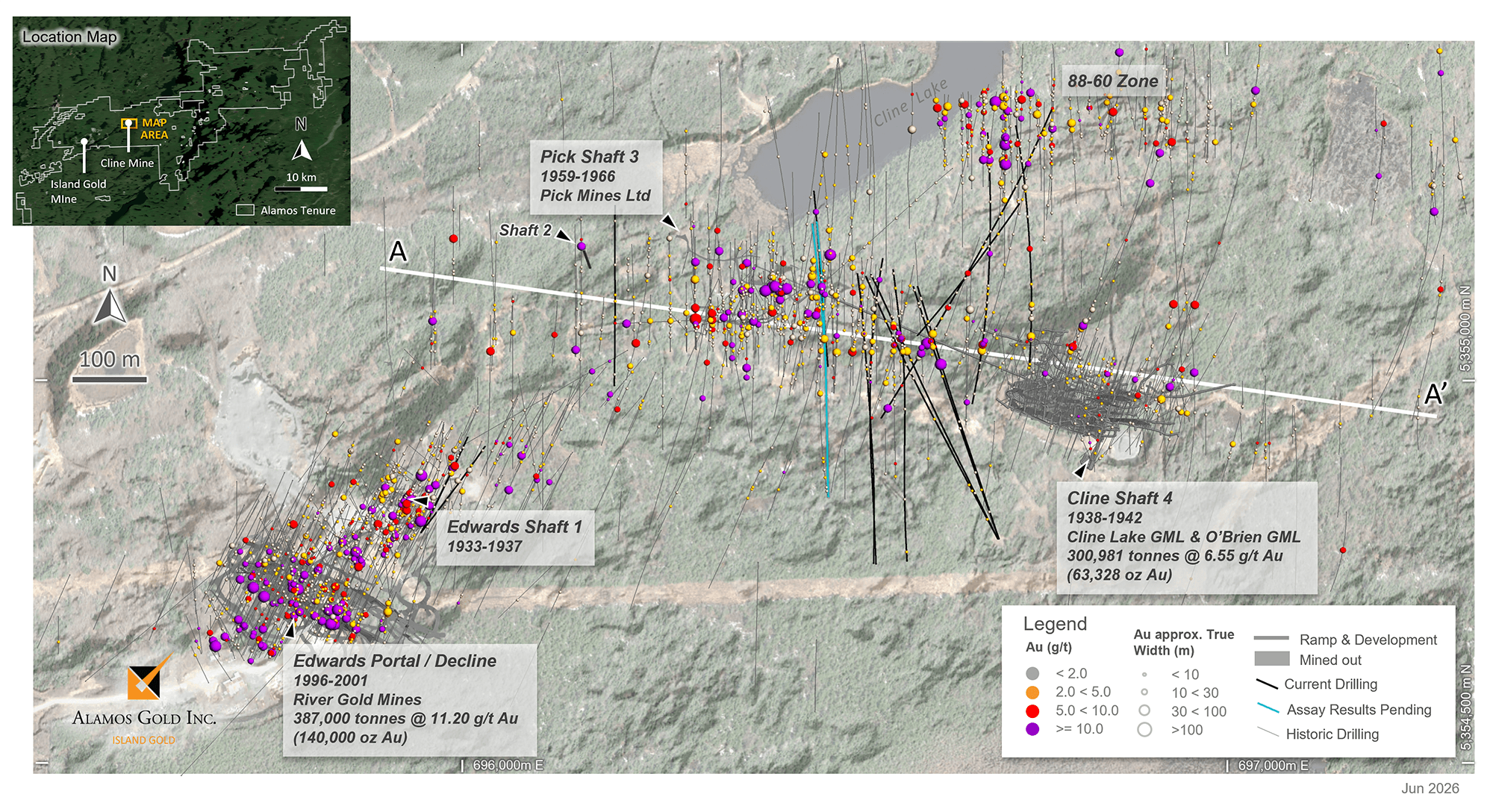Figure 5_Cline-Pick Mines plan map with current & historic drilling A-A' cross section reference (see Figure 6)