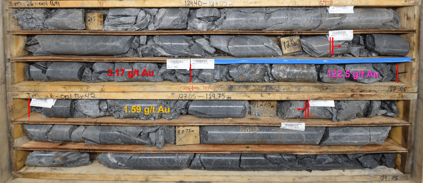 Figure 2: 42.42 g/t Au over 1.50 m in IM-26-001 at 111 m vertical depth.