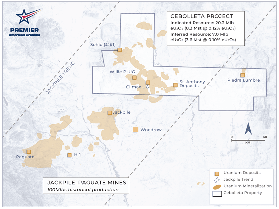 Plan View Map of the Cebolleta Uranium Project and Uranium Deposits. See Qualified Person Statement for additional details.