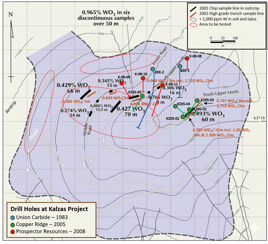Kalzas Project drill hole locations, surface sampling highlights, and recommended priority drill target area (red dashed outline). Background shading denotes> 1,000 ppm W soil and talus anomalies.