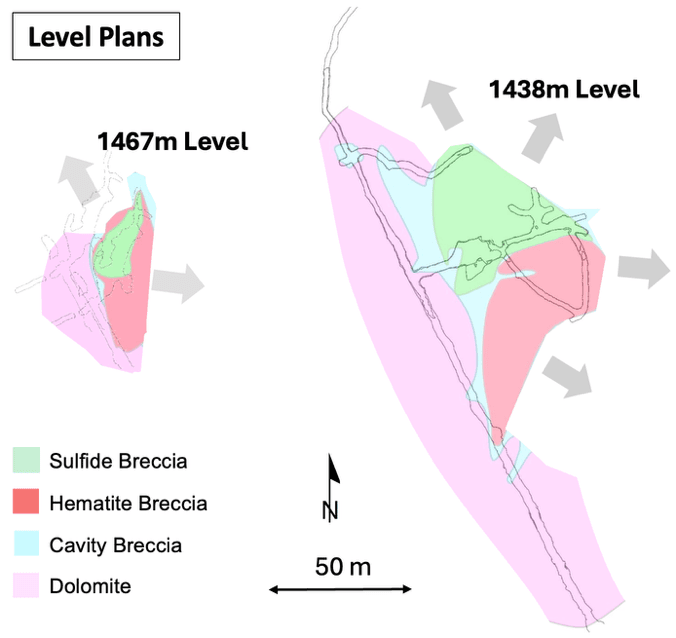 Figure 4 – Providencia target showing widening of the mapped hematite and sulphide breccia from 1,467m to 1,438m Levels - Level Plans