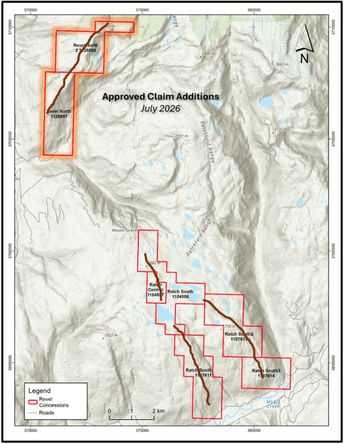 Additional Revel North claims added to the Revel Project highlighted in orange. Several main target horizons for the carbonatite REE targets are represented by the brown lines.
