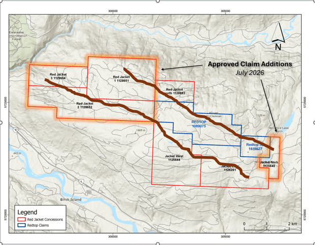 Additional claims added to the Red Jacket Project highlighted in orange. The approximate trend for two of the mineralized target horizons for the project are represented by the brown lines.