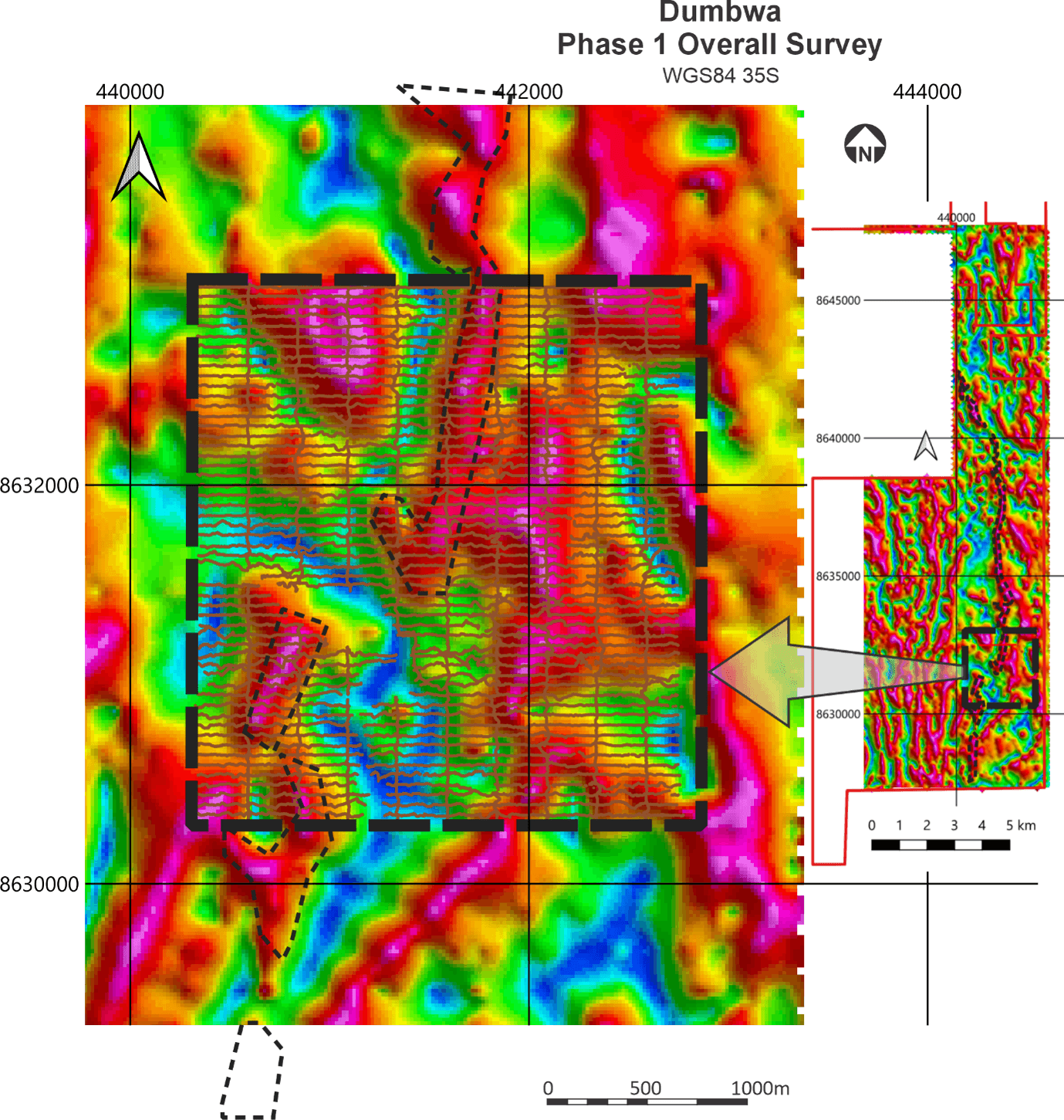 Location of High Resolution Ground Magnetic Survey over the Dumbwa Mineralized Unit. The dashed outline is the magnetic unit identified that relates directly to mineralization.