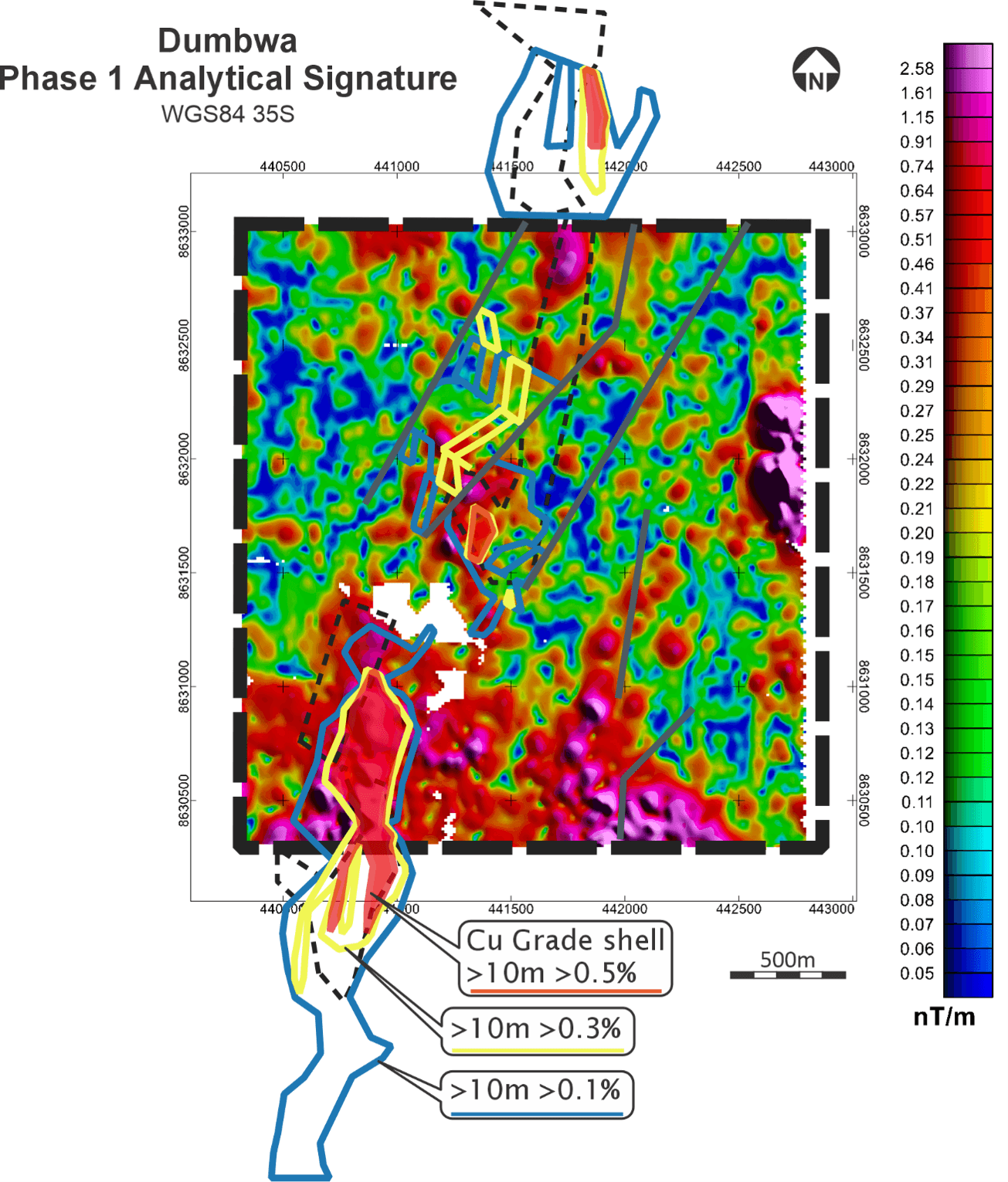 Analytical Signal ground magnetics showing the strong relationship of high magnetic readings and higher grade mineralization in the Central Block. Note the two very similar looking target areas.