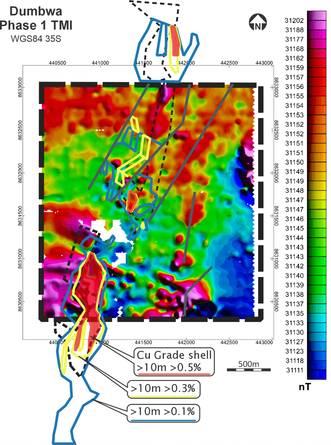Total Magnetic Intensity ground magnetics showing the strong relationship of high magnetic readings and higher grade mineralization in the Central Block. Note the two very similar looking target areas