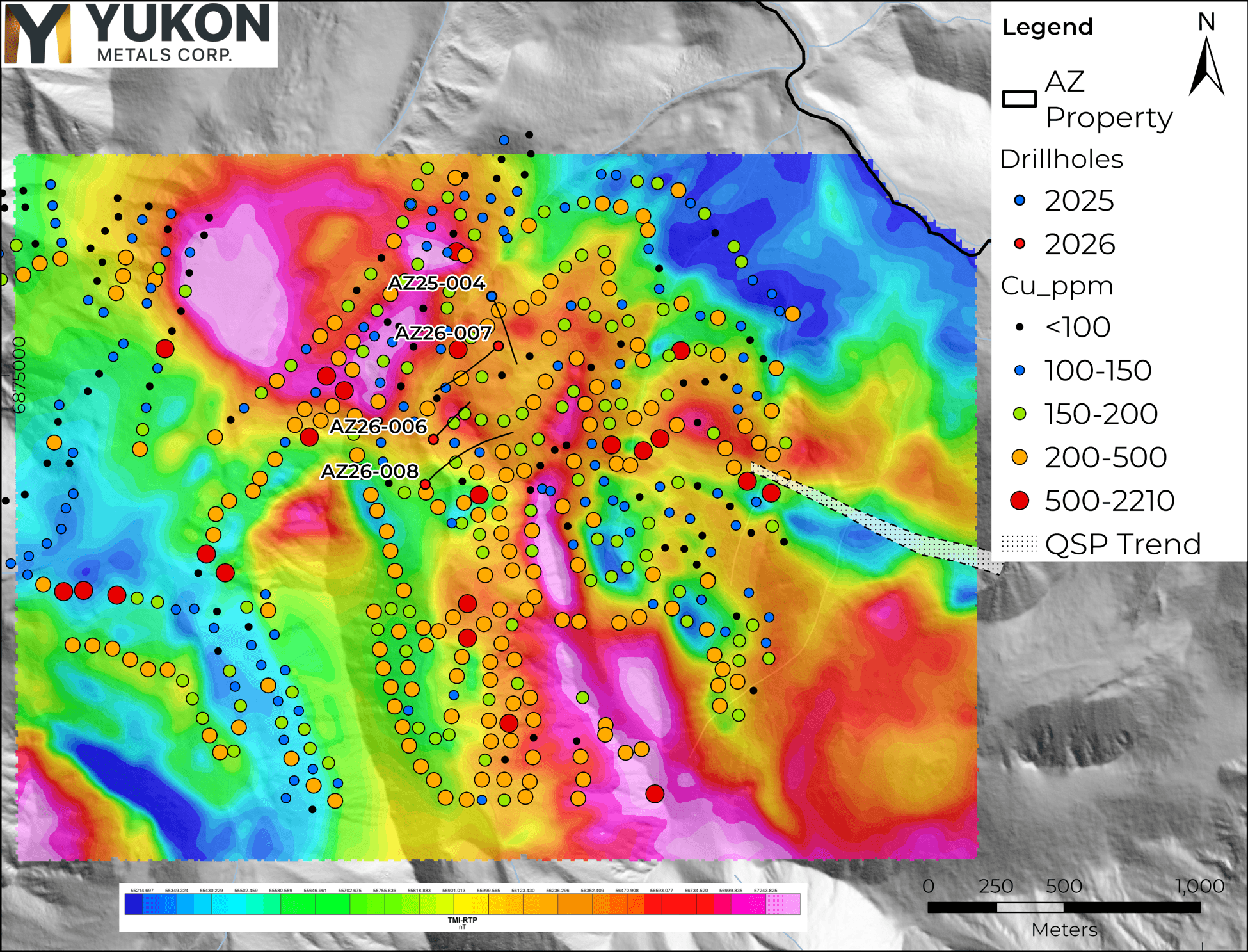 TMI at the AZ Project showing drill traces, copper-in-soil samples, mapped azurite-malachite mineralization and weak QSP alteration.