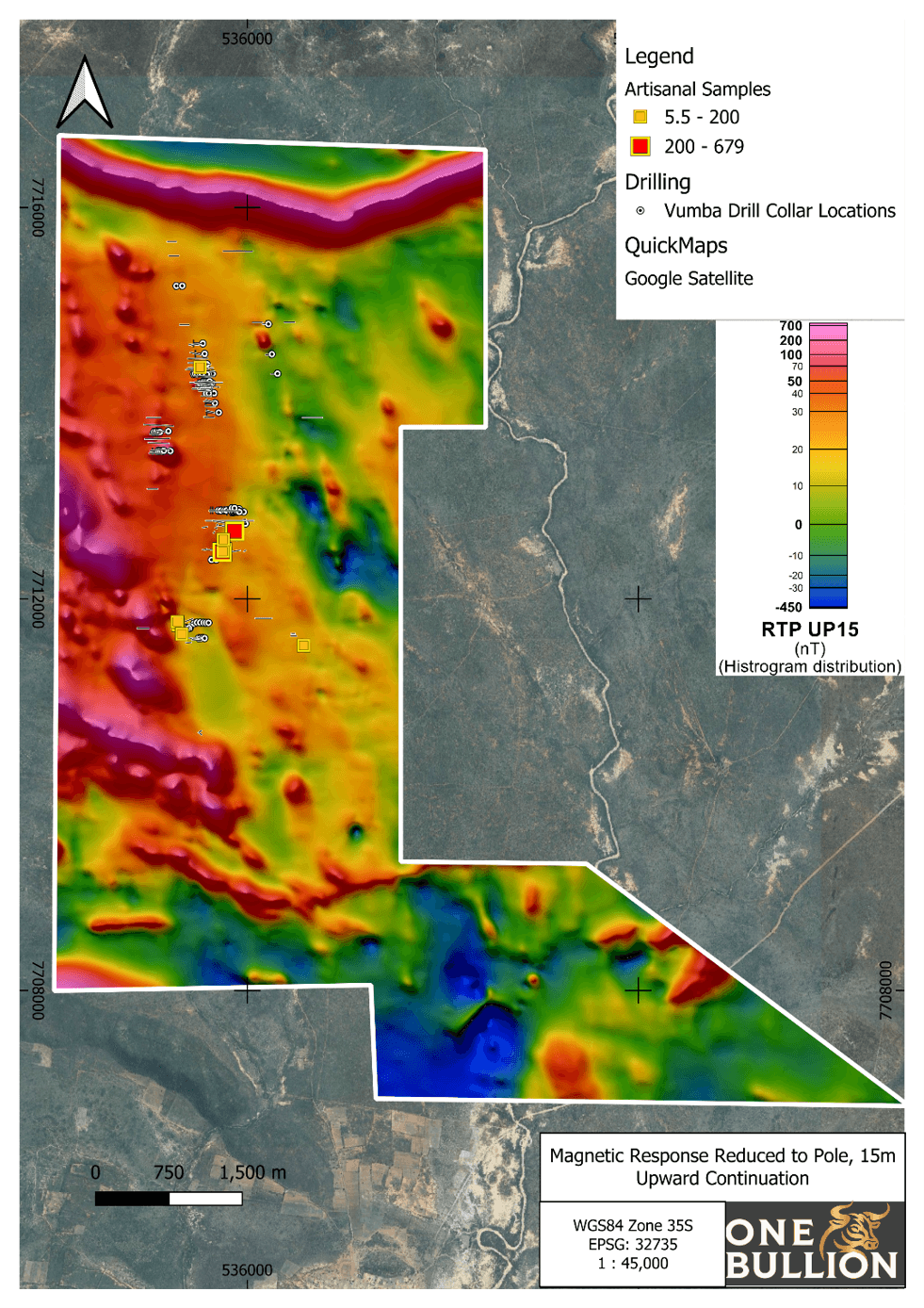 Vumba magnetic response map (RTP, 15 m upward continuation).