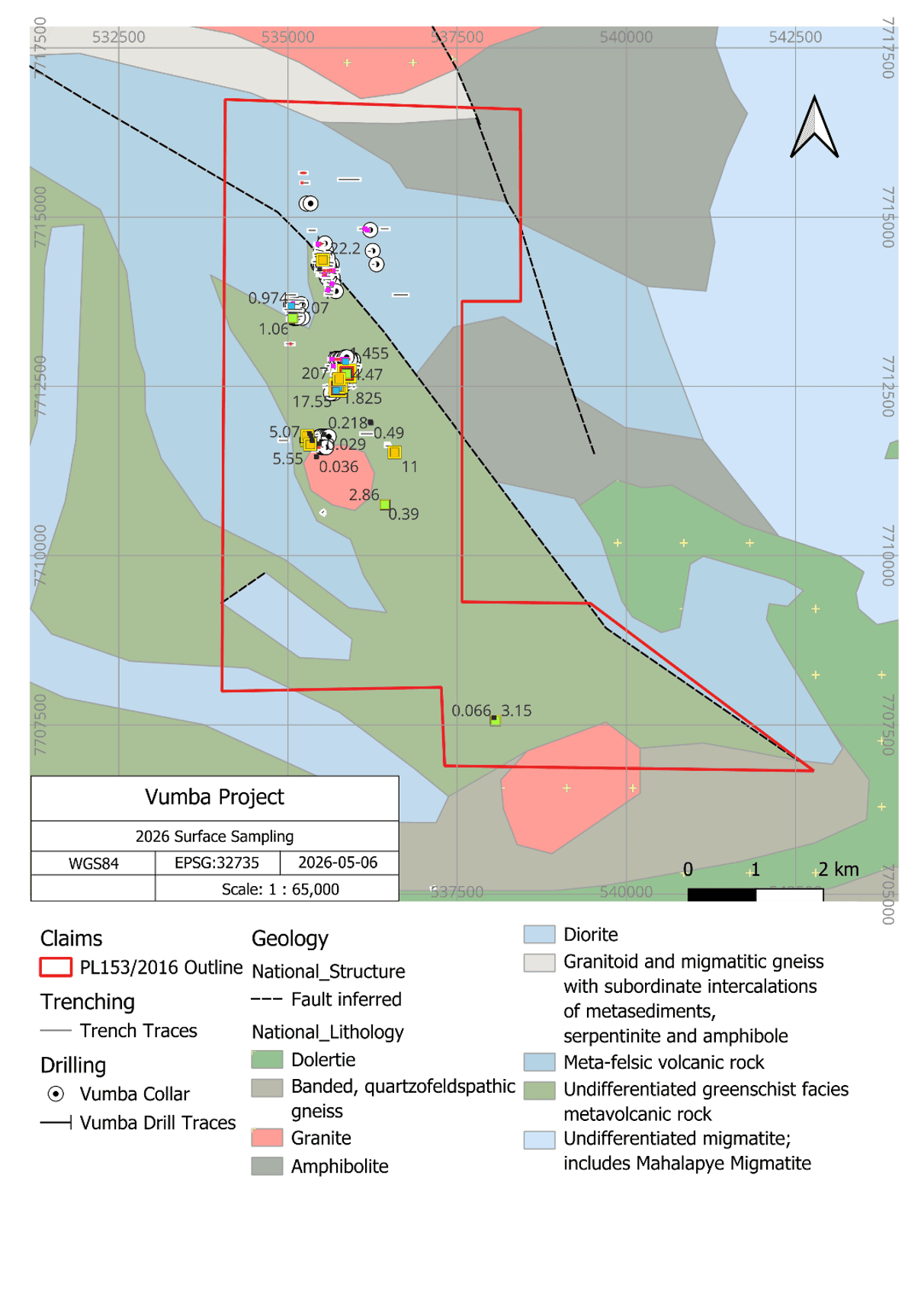 Simplified geology of the Vumba Gold Project showing historical drilling, trenching, principal geological units and selected 2026 surface sampling results.