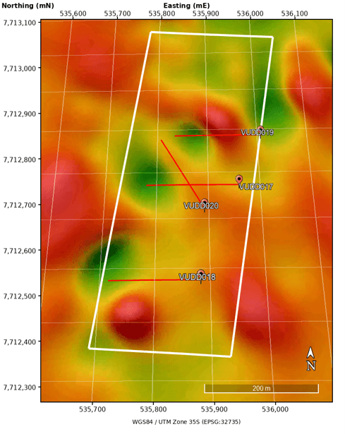 Central Vumba target area showing the VUDD017 opening hole in relation to VUDD020 (2nd planned hole) and the 1VD_UP15 magnetic map.