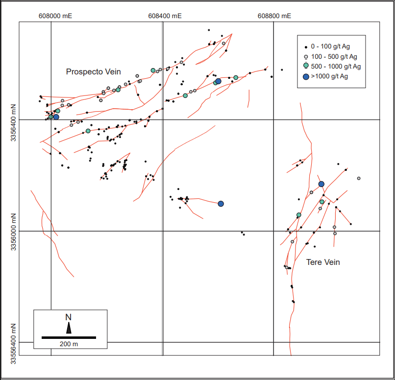 Oso Negro Phase One and Two Combined Rock Chip Sample Locations and Silver Grade Map