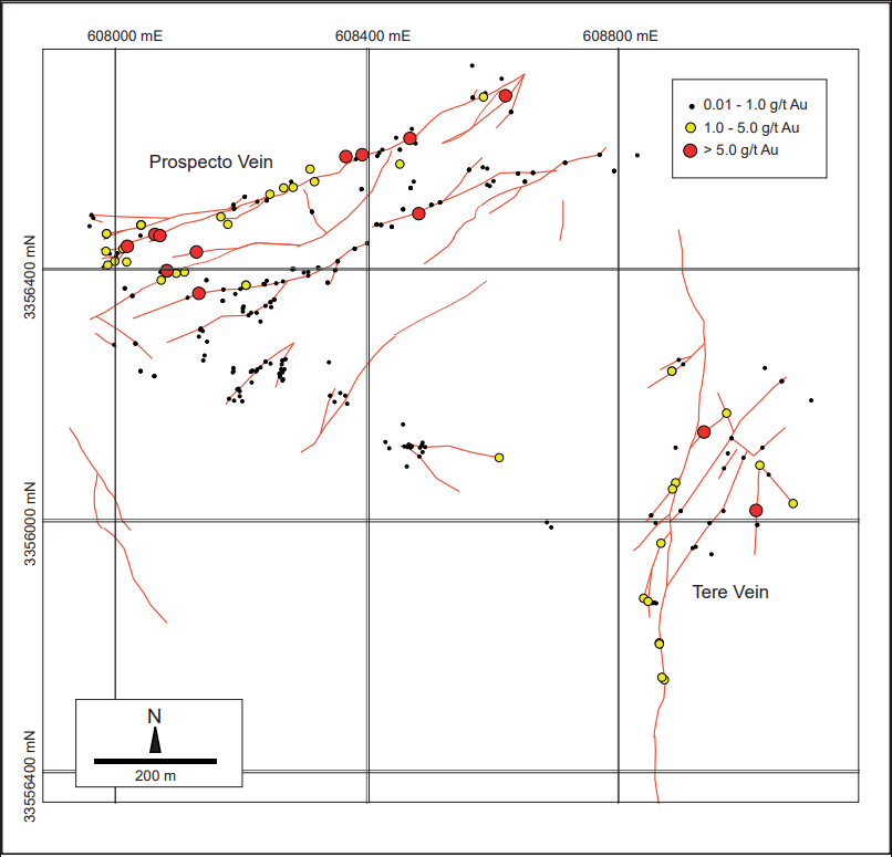 Oso Negro Phase One and Two Combined Rock Chip Sample Locations and Gold Grade Map