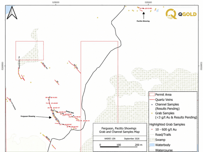Ferguson and Pacitto Showings Grab and Channel Samples Map North of the Foley Mine.