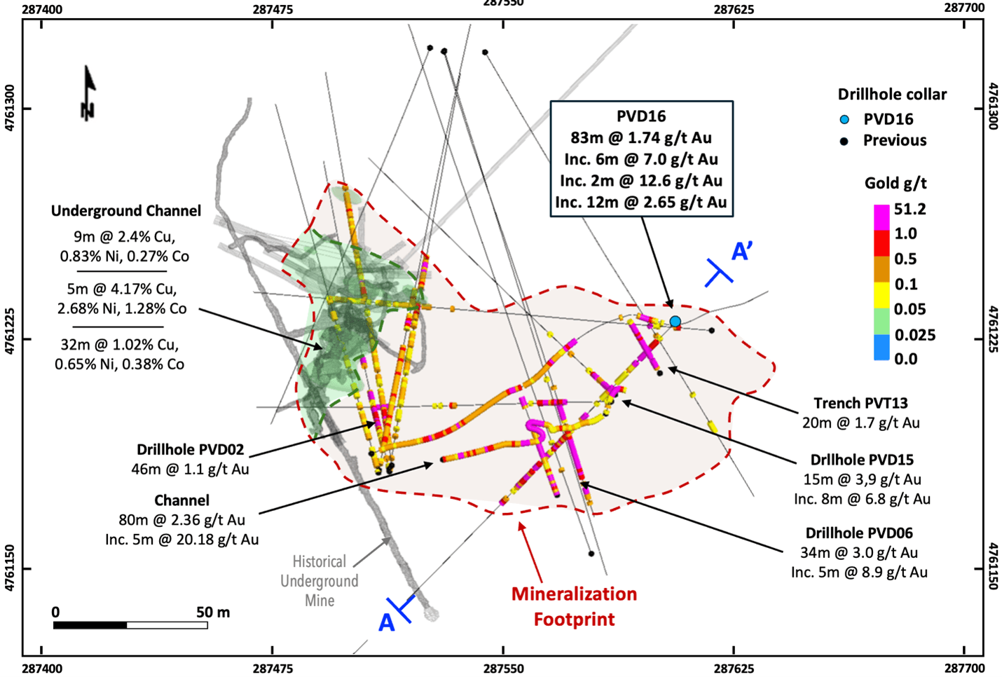 Figure 2 – Providencia target map with select drillhole and sample results