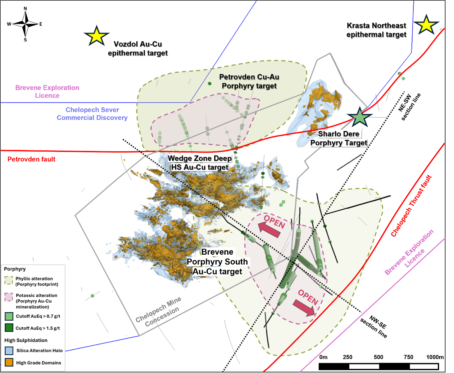 Broad plan view of the Chelopech area showing deep drill intercepts below -200 mRL, including all reported holes at the Brevene Porphyry South in bold, the interpreted footprint of mineralization as well as the projected silica alteration envelope associated with the high-sulphidation mineralization type. The projected extent of porphyry related phyllic and potassic alteration zones is estimated from drill core logging and geochemical indicators, including elevated Mo, paragonitic muscovite and high Zr/Ti ratios in the phyllic zone, and elevated K/Al and/or magnetite in the potassic zone.