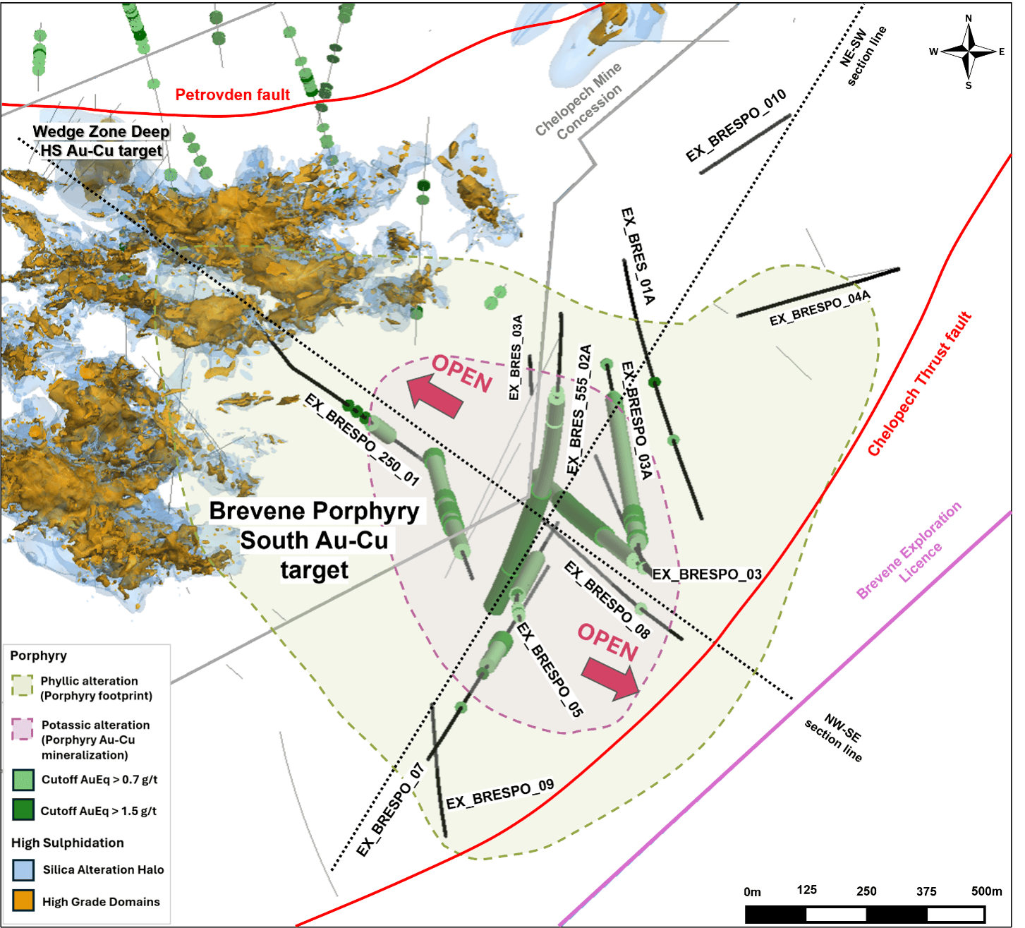 Detailed plan view of the Brevene Porphyry South prospect showing all drillhole intercepts and the interpreted mineralization footprint below -200 mRL, together with the projected silica alteration envelope associated with the high-sulphidation mineralization type.
