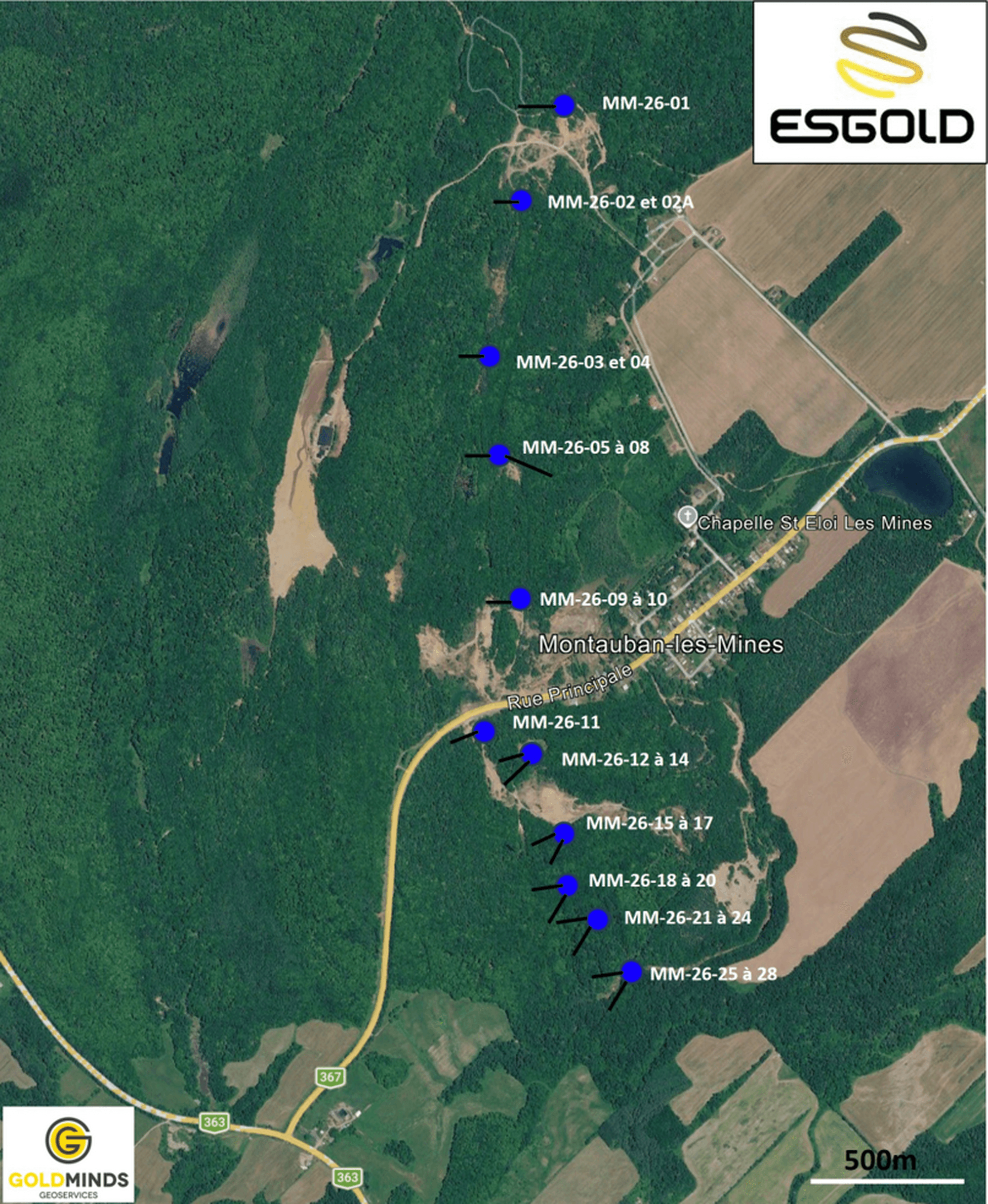 Drill hole locations across the historic Montauban mine area