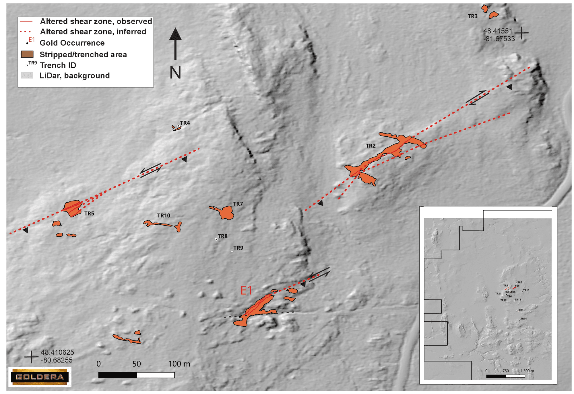 Figure 2: Trenched and stripped areas in the E1 gold occurrence area.