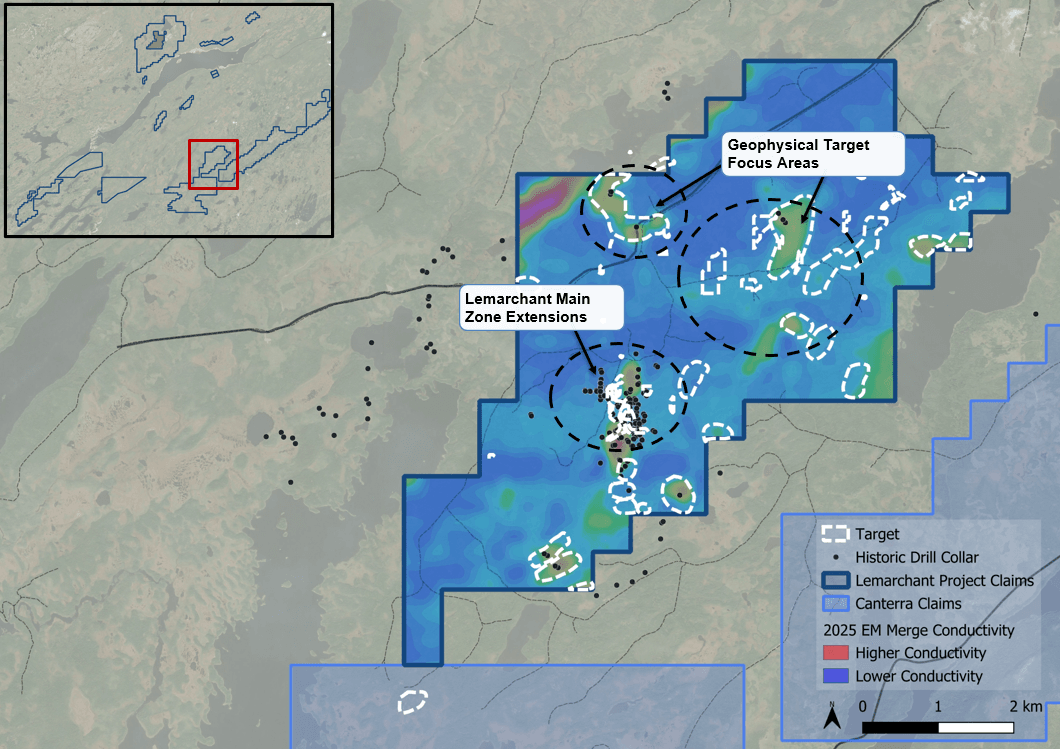 Lemarchant Project map highlighting geophysical target areas, main zone extensions, historic drilling, claims and conductivity.