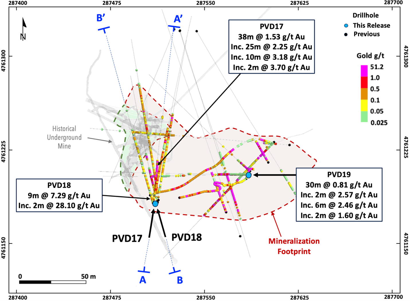 Figure 1 – Providencia target map, drillhole and cross-section locations