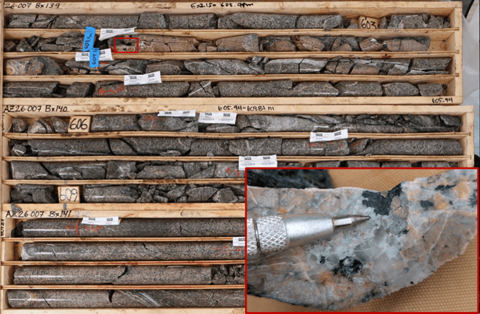 AZ26-007 at 603.4 metres showing chalcopyrite intergrown with actinolite and quartz along the margin of a potassic-altered dyke.