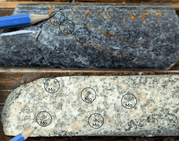 Chalcopyrite-molybdenite mineralization associated with quartz-K-feldspar veining from AZ26-007 at 408.7 metres (top) and 428.5 metres (bottom).