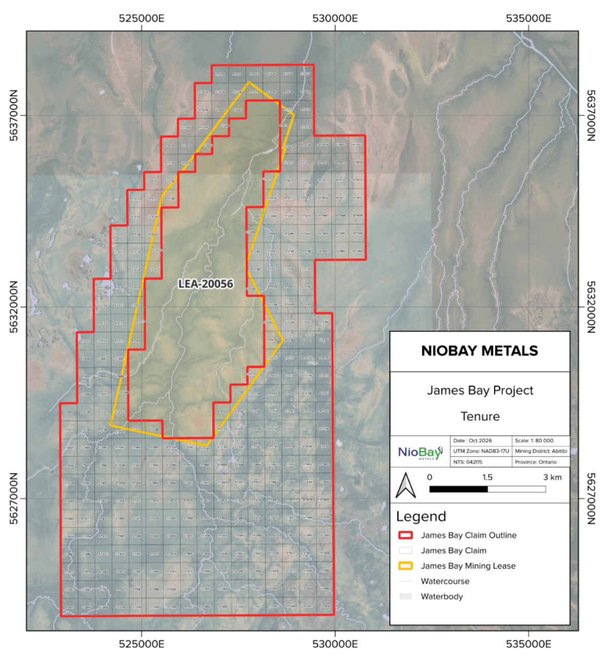 NioBay Mining Claims: 66.75 km², James Bay Niobium Mining Lease: 25.85 km²