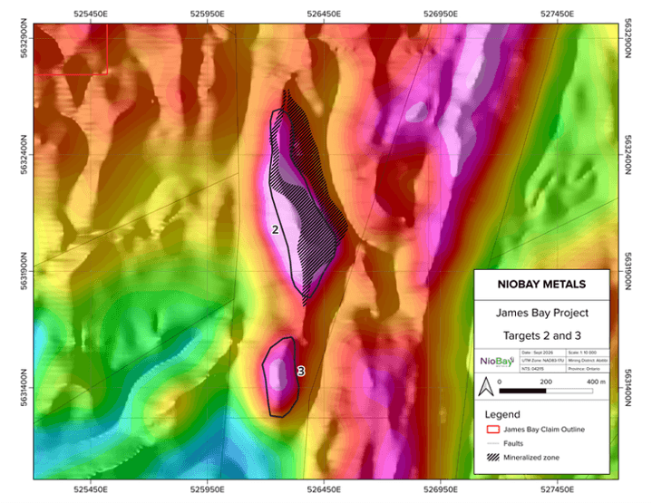 Mira Target No. 2 (James Bay Niobium) and 3, situated 150 m south of the James Bay Niobium Project (Reduction-to-Pole map with shaded tilt filter).