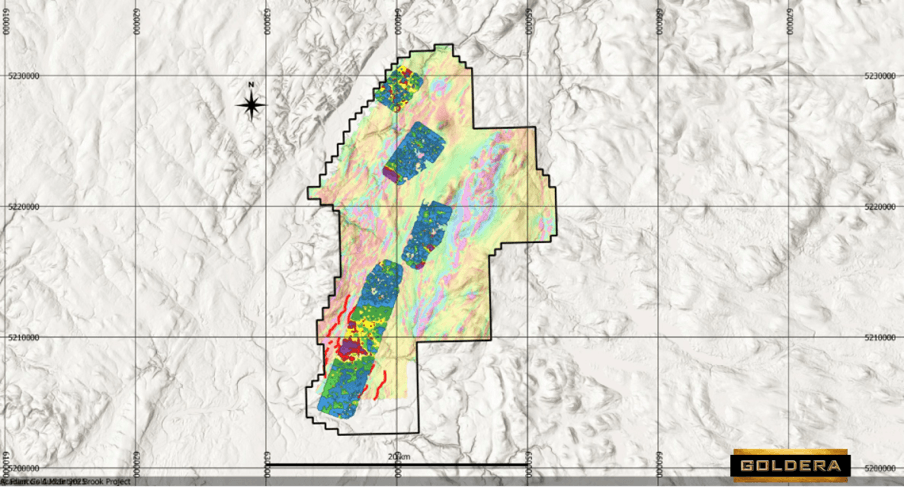 Figure 1: Soil Geochemical Anomaly Superimposed on Magnetic First Vertical Derivative (1VD) at the Riley Brook Property