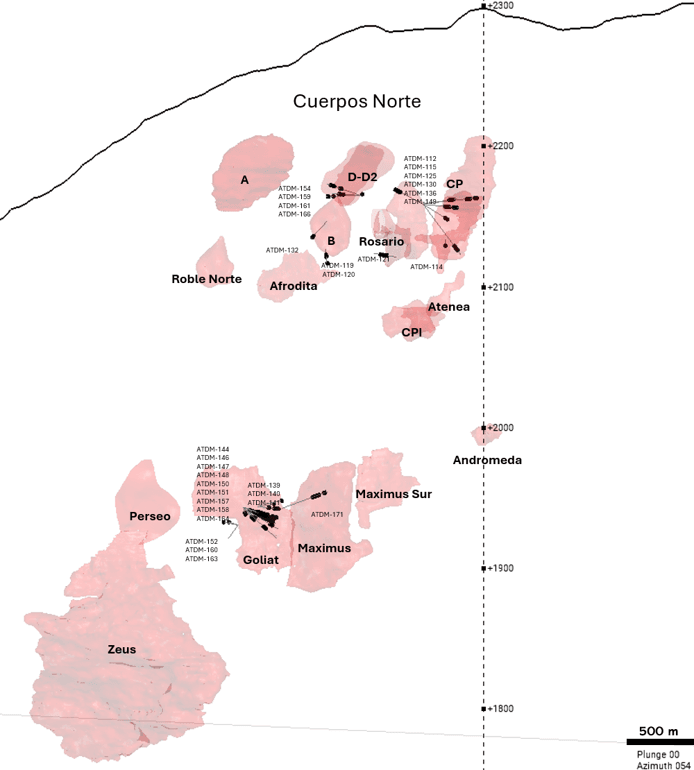 Mineralized shells based on historical massive and new bodies at the El Roble Mine with intercepts from the current drill program