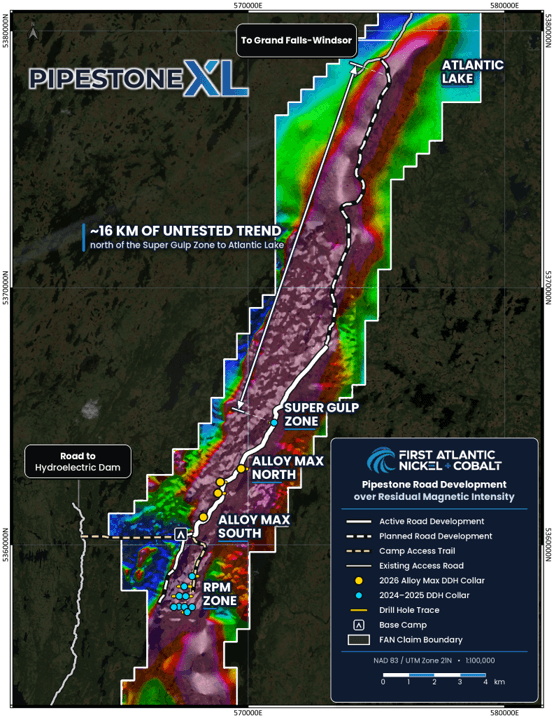 Map of the Pipestone XL Project showing the exploration access road route, under development, from the RPM Zone north through Alloy Max and Super Gulp toward the Atlantic Lake Zone; the new section along the west side of Pipestone Pond, and the connection toward Grand Falls-Windsor.