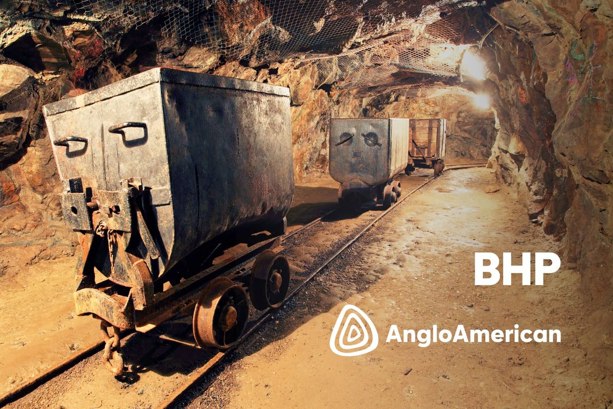Inside of a copper mine with BHP and Anglo American logos.