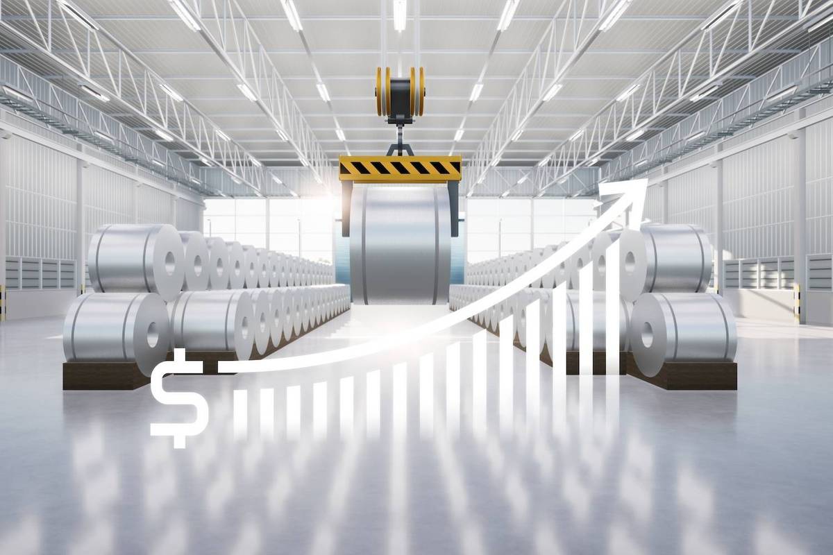 Inside the warehouse, stacked metal rolls sit beneath a rising graph with a dollar sign, symbolizing financial growth.