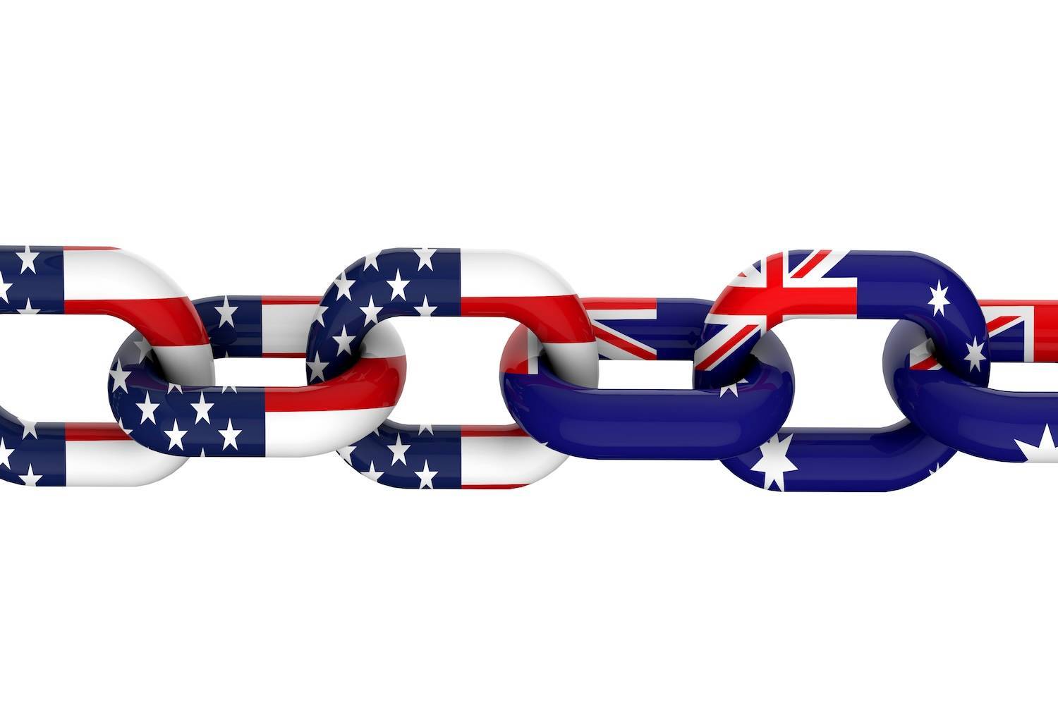 Interlinked chain with the American flag on the left links and the Australian flag on the right links.