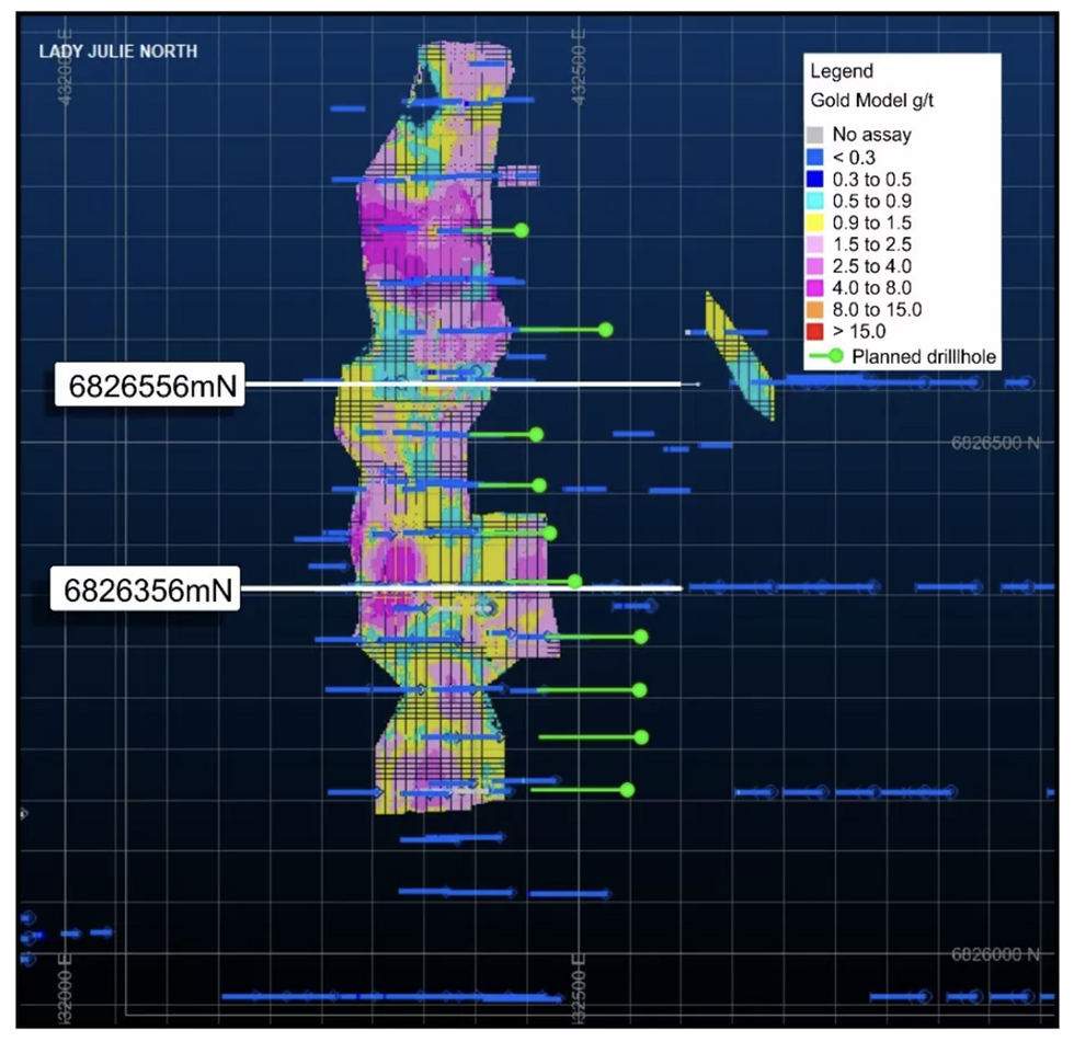 Lady Julie North 4 plan showing resource block grades and drill sections