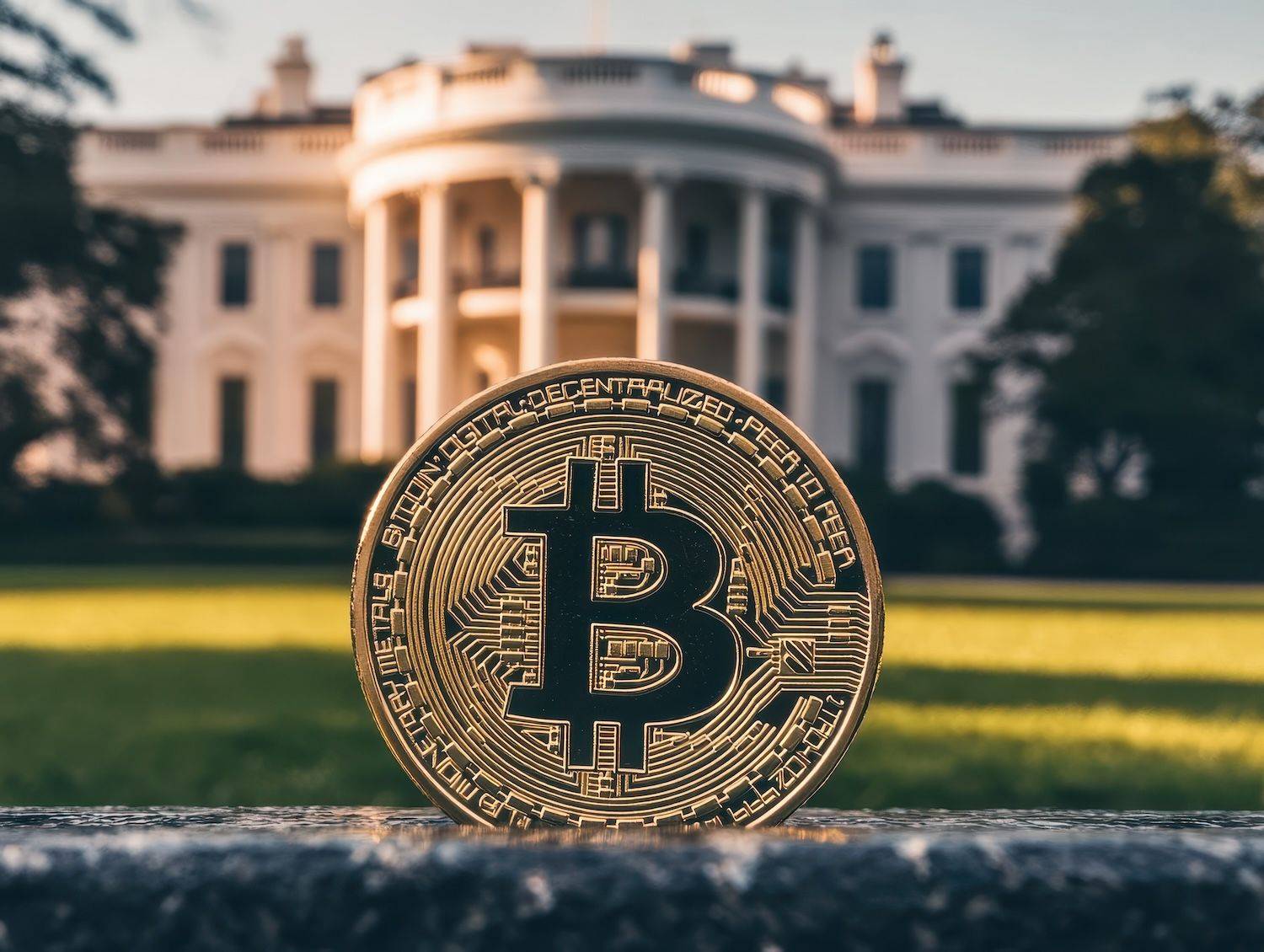 Large Bitcoin stands prominently in front of a blurred white building with a manicured lawn.