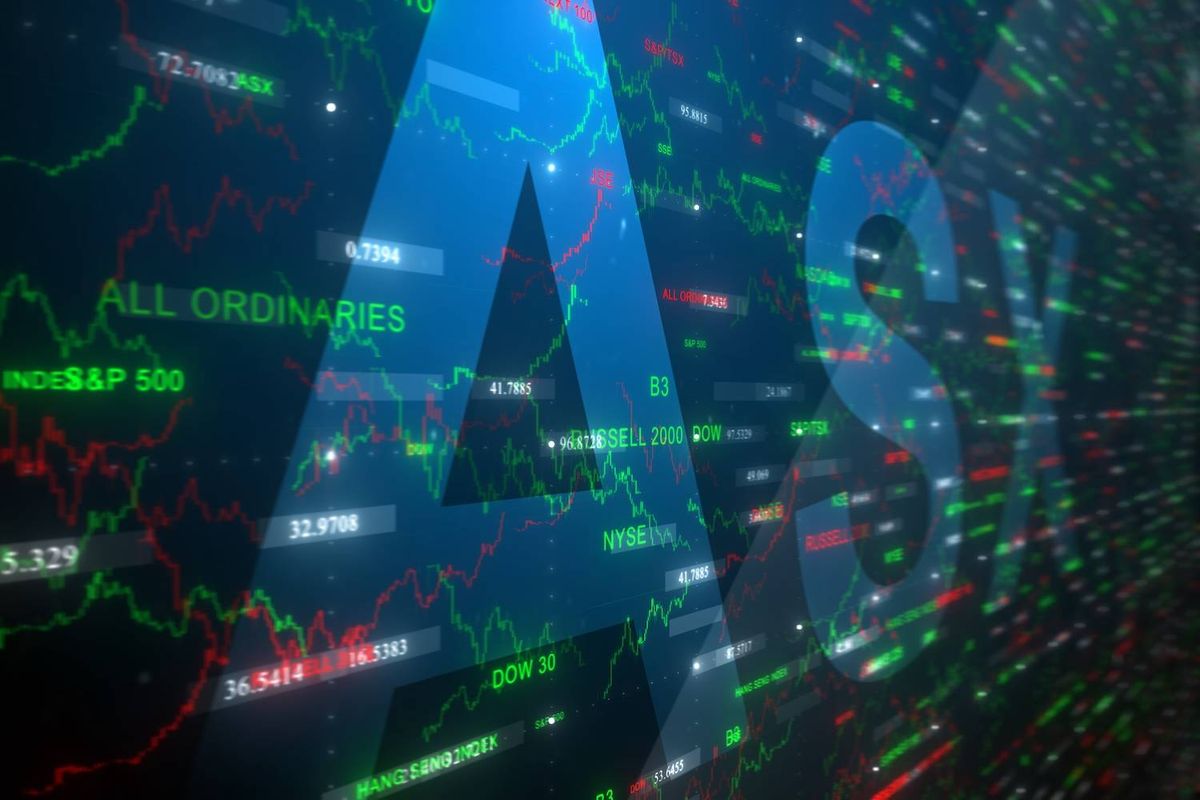 Large blue letters "ASX" over green and red stock market graphs and indices names, text reads: ALL ORDINARIES.