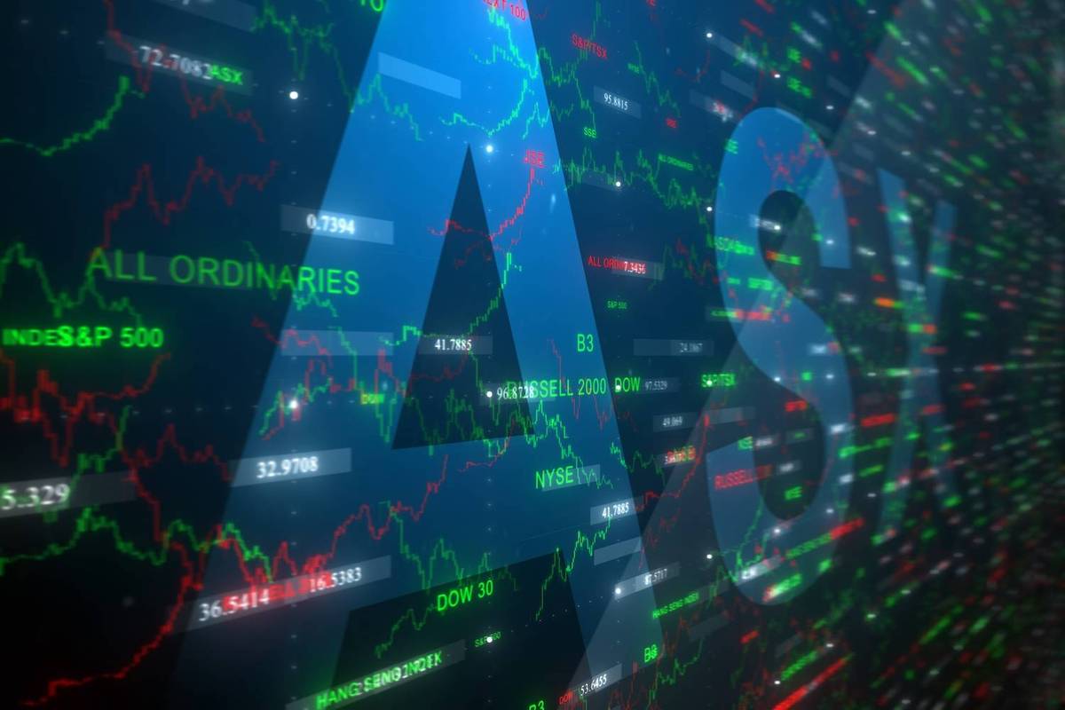 Large blue letters "ASX" over green and red stock market graphs and indices names, text reads: ALL ORDINARIES.