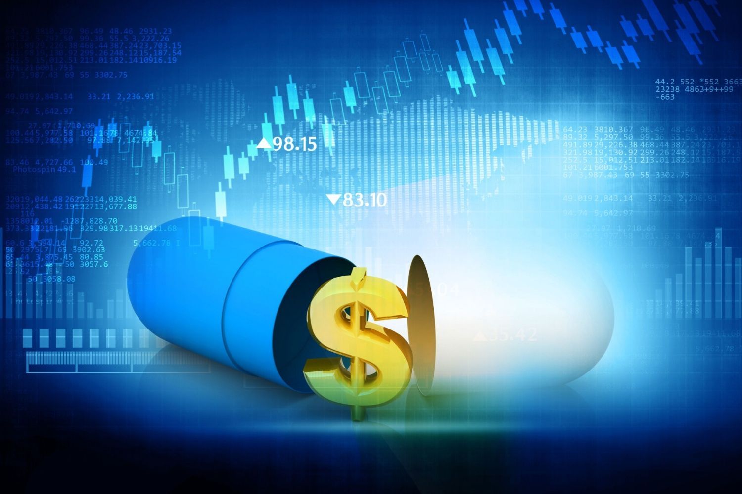 Large pharmaceutical pill with gold dollar sign in the middle. Stock tickers and charts in the background.