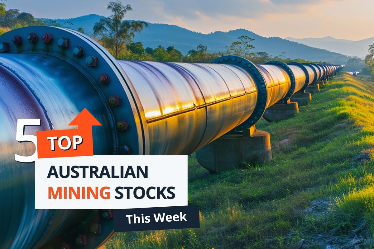 Large pipeline with text overlay: "Top 5 Australian Mining Stocks This Week."