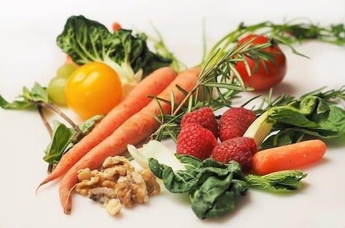 leafy greens, carrots, tomatoes, grapes, raspberries, rosemary and walnuts