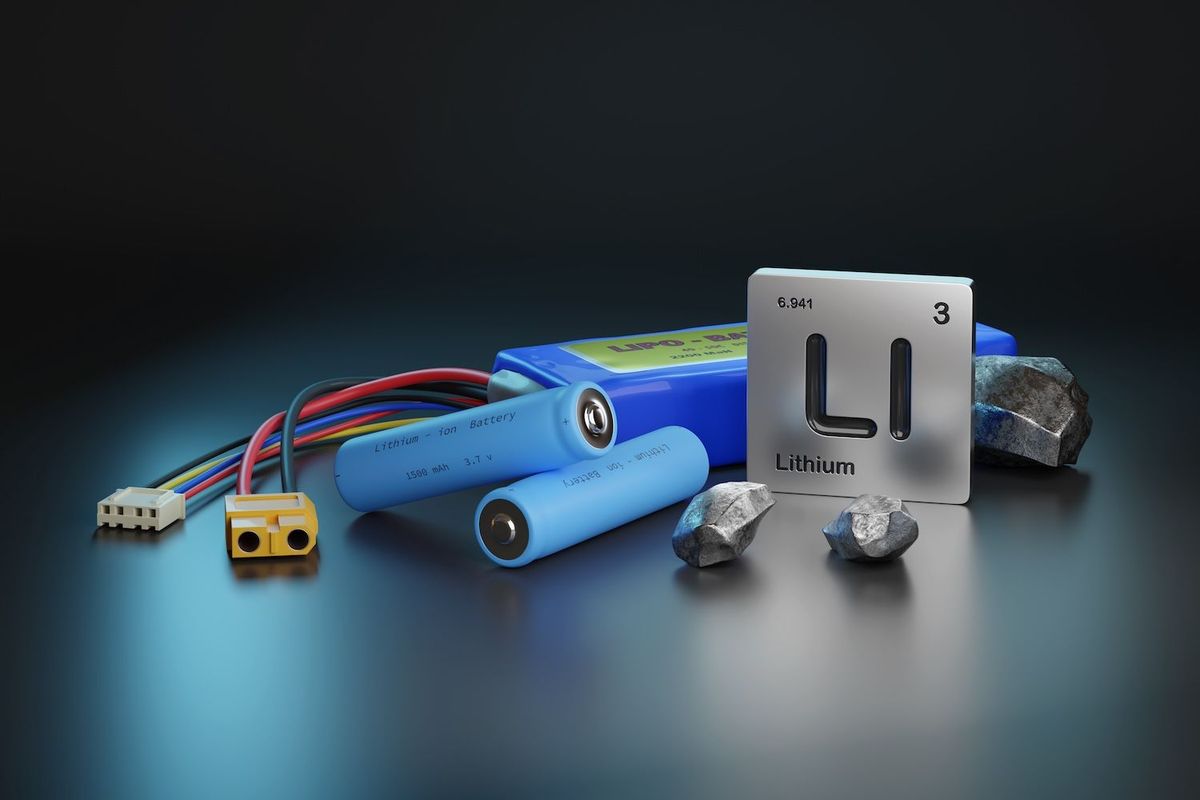 Lithium batteries and wires with lithium periodic symbol and rocks on a dark surface.