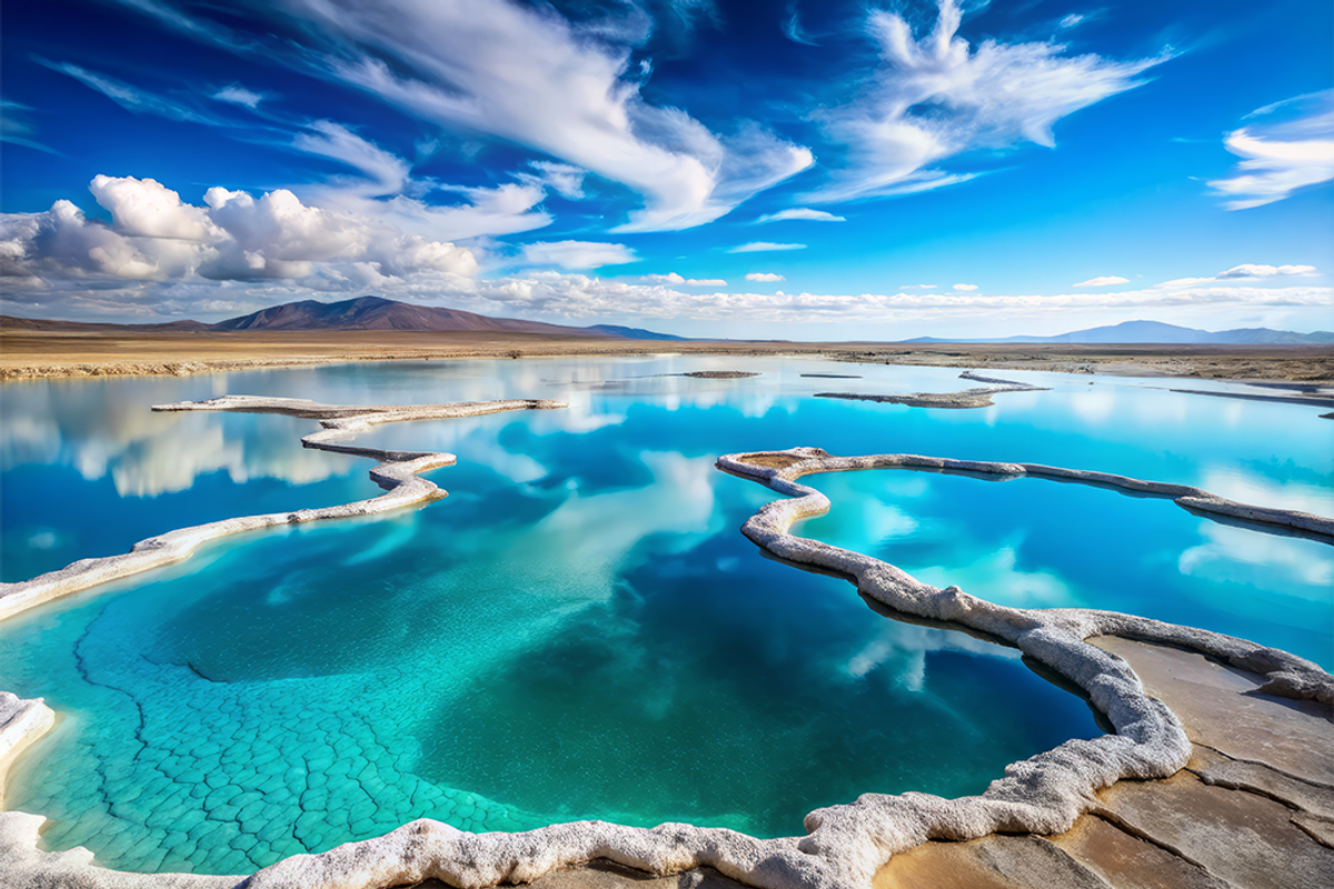 Lithium brine pools reflecting the vibrant blue hues of the sky above.
