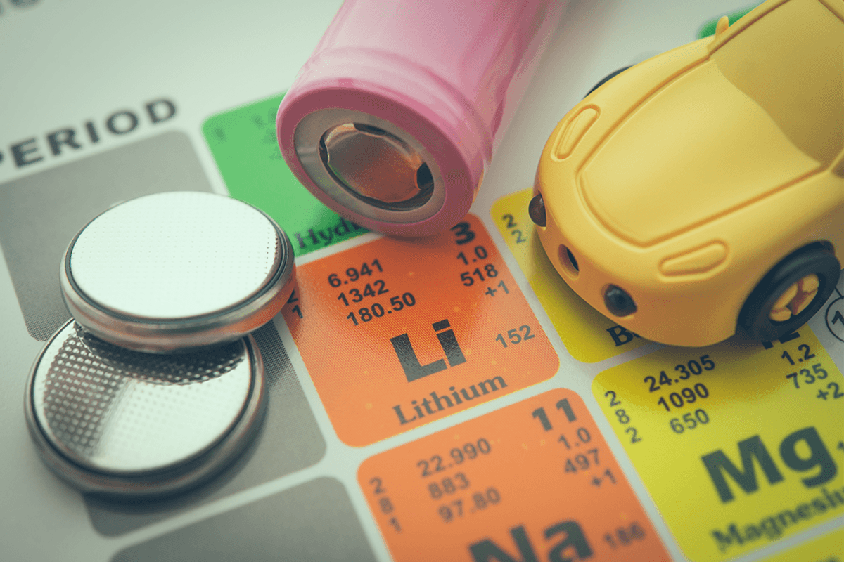 Lithium chemical element symbol in periodic table with lithium-ion batteries.