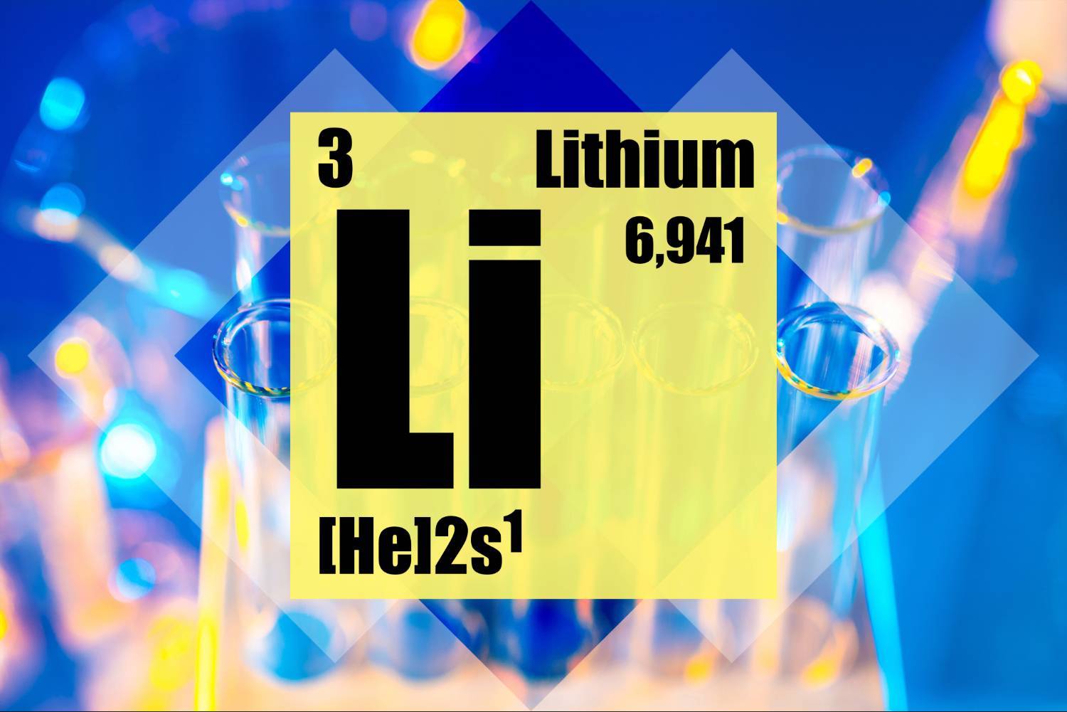 Lithium element symbol overlaid on a background of glowing test tubes.
