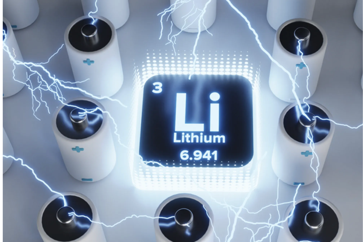 Lithium-ion batteries surrounding lithium's periodic table symbol.