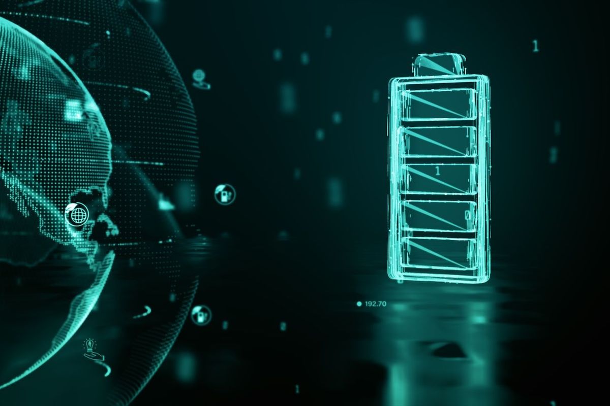 Lithium-ion battery beside globe.